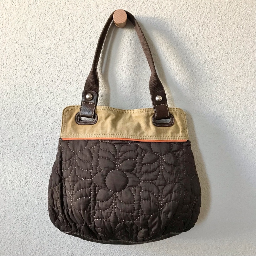 Fossil Key Per Quilted Shoulder Bag Dark Brown Tan Orange Magnetic Closure